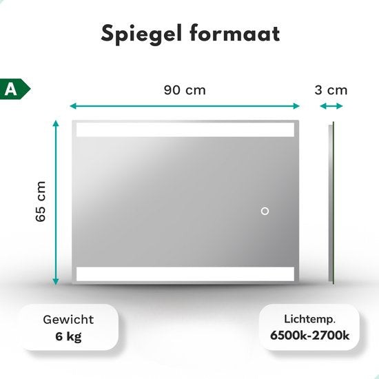 Mirlux Badkamerspiegel met LED Verlichting & Verwarming – Wandspiegel Rechthoekig– Anti Condens Douchespiegel - 90x65CM