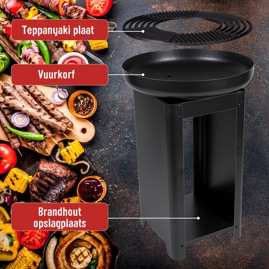 BBQ Collection 3-in-1 Vuurkorf en Grillplaat - Tuinhaard 61 x 90 cm - met Teppanyaki Bakplaat - Plancha BBQ met Brandhout Opslagplaats - Vuurkorf voor Buiten - Metaal