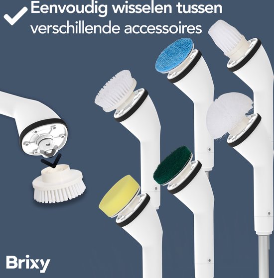 Brixy Elektrische Schoonmaakborstel - Uitschuifbare Schrobborstel - Draadloos - 8 Opzetstukken - Schrobber - Wit