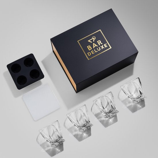 BarDeluxe® Whiskey Set - 4 Handgemaakte Kristallen Glazen 325 ml - Luxe Cadeauset met IJsblokjesvorm & Bewaardoos - Ideaal als Whisky Geschenk
