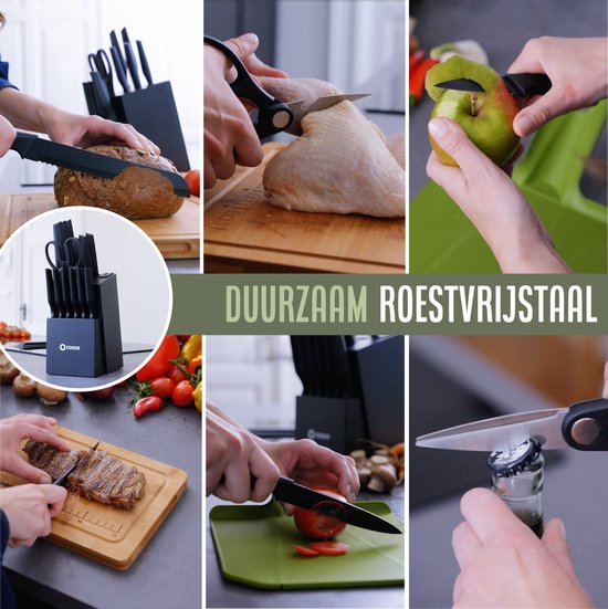 COOCK - Messenset met Blok en Vouwbare Snijplank – Keukenmessen - Schaar - Messenslijper – 15-Delige Keukengerei Set in Messenblok - RVS – Met ‘Non Stick’ Coating - Zwart