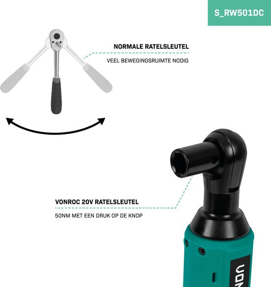 VONROC Accu ratelsleutel – 20V – 50Nm – 3/8” – incl. 8-delige doppenset – Incl. 2.0Ah Accu en snellader – ook voor handmatig gebruik – ideaal voor moeilijk te bereiken bouten en moeren.