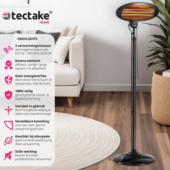 tectake® - Infraroodstraler - Luchtverhitter met stand- of wandmontage - Warmtelamp voor babyverschoontafel - Verwarmer badkamer - Infraroodstraler terras - Elektrische kachel - 2000W - 3 niveaus