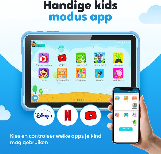 Spoused Kindertablet – 10.1 Inch – Kindertablet vanaf 3 jaar – 64GB – 4GB RAM– 6000 mAh Batterij - Incl. Beschermhoes & Ouder Control app – Blauw