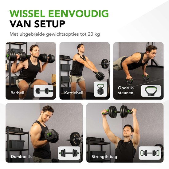 Tunturi Halterset en Dumbbells Vinyl 20 kg – Gewichten Set met Kettlebell en Barbell – Opdruksteunen - Schroefsluiting 30 mm – Anti-Slip Grip