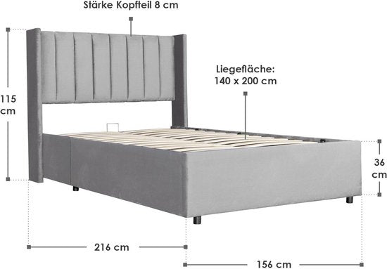 Gestoffeerd bed Savona - 200 x 140 cm - Lichtgrijs - Incl. Bedlade