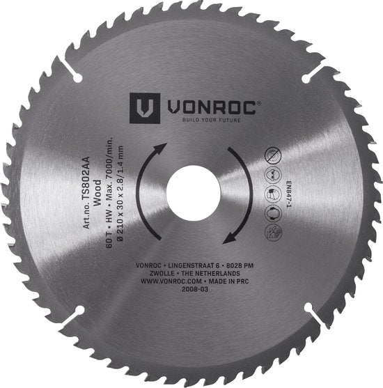 VONROC Zaagblad – 210mm – 60 tanden – voor hout – geschikt voor tafelzagen en afkortzagen