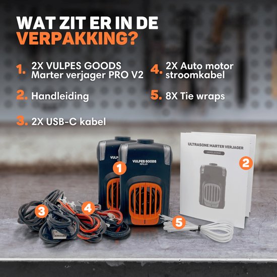 Vulpes Goods® Verjager - Marterverjager - Steenmarter Verjager - Marterbestrijder - Binnen & Buiten - Automatische Frequenties & flitslichten - USB & Auto accu - Marters, Muizen & Ratten - PRO V2 - 2 stuks