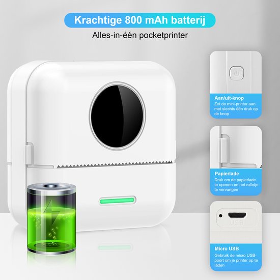 Ilona Mini printer voor mobiel - Pocket printer - Premium Mini Fotoprinter - Draagbare Smartphone Printer - Mobiele fotoprinter - Sticker printer - Incl. 5 Rollen Zelfklevend Papier + 5 Rol Wit Papier + 3 Rollen Gekleurd Papier + 5 Pennen