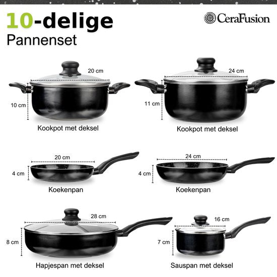 CeraFusion Keramische Pannenset 10-delig - Aluminium - PFAS vrij - Zwart