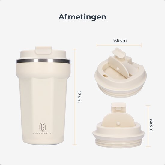 Castagnola Thermosbeker - Koffiebeker To Go - Travel Mug voor Koffie en Thee - Theebeker - 380 ML - RVS - Offwhite - Octagon