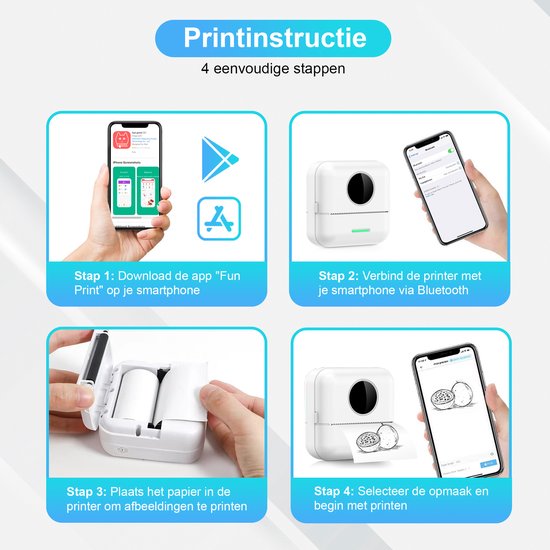 Ilona Mini printer voor mobiel - Pocket printer - Premium Mini Fotoprinter - Draagbare Smartphone Printer - Mobiele fotoprinter - Sticker printer - Incl. 5 Rollen Zelfklevend Papier + 5 Rol Wit Papier + 3 Rollen Gekleurd Papier + 5 Pennen