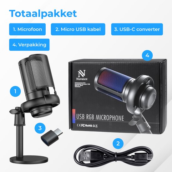 Nuvance - USB Microfoon met Standaard - voor PC en Gaming Microfoon - met Ruisfilter - Inclusief USB-C Converter - Streaming Microfoon - RGB