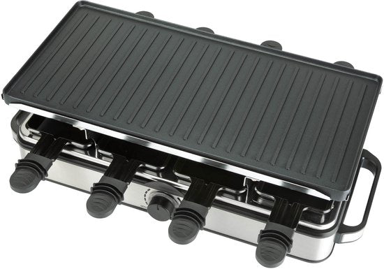 Bourgini Gourmette Raclette Pure - Gourmetstel met omkeerbare Grill & Bakplaat - Raclette 8 personen - 21x42 cm - PFAS-vrije coating - Regelbare thermostaat - incl. 8 spatels en pannetjes