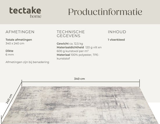 tectake® Vintage design tapijt - Laagpolig vloerkleed voor woonkamer, kinderkamer, slaapkamer of hal - Wasbaar - Div. afmetingen - 240x340cm - beige/grijs