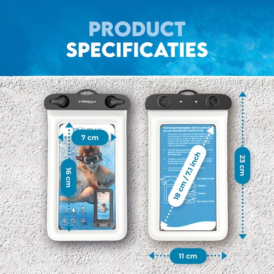 Travelly® Waterdicht Telefoonhoesje Set van 2 – Universeel Onderwater Hoesje voor Smartphone – Geschikt voor alle telefoons – Drybag – Voor Vakantie, Zwemmen & Watersport – Transparant/Wit