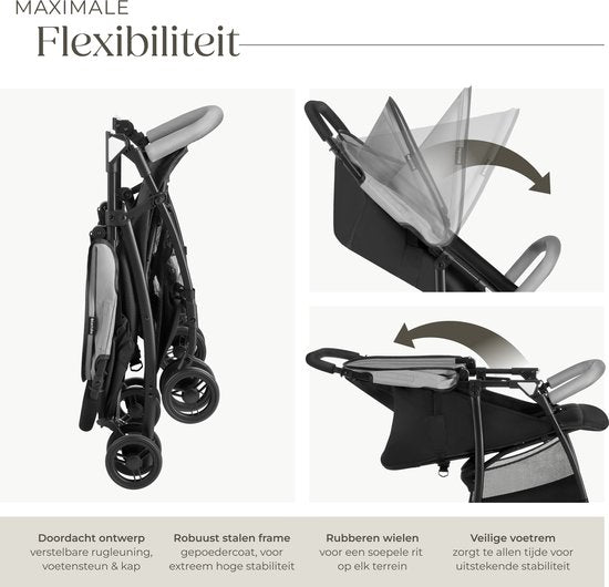 tectake® Buggy - Kinderwagen - Inklapbaar, 5-Puntsgordel, Verstelbare rugleuning en beensteun - Met rem, lichtlopende wielen - Praktische opbergmand - Zwart/grijs