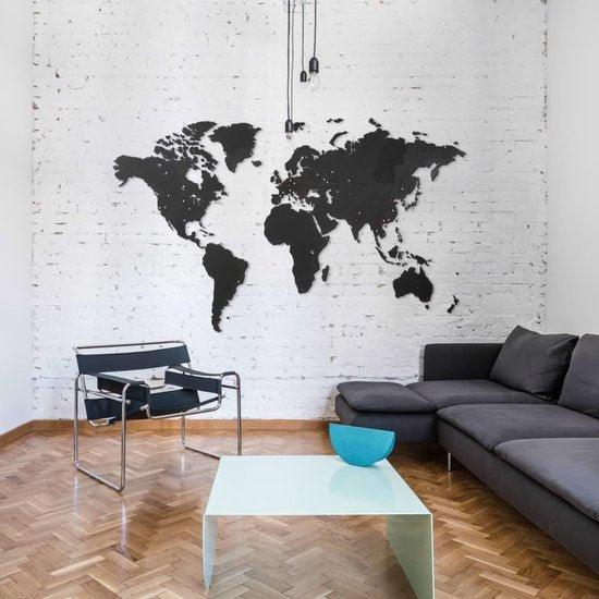 MiMi Innovations® Giant Houten Wereldkaart - Muurdecoratie - Wanddecoratie - Muursticker - 280x170 cm/110.2x66.9 inch - Zwart