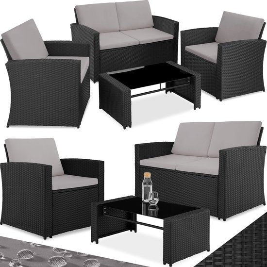 tectake® Wicker Tuinset voor 4 Personen - 2-zits Tuinbank en 2 Tuinstoelen - Tafel met Afneembaar Glazen Blad - Comfortabele Zit- en Rugkussens - Loungeset voor Tuin, Terras, Balkon - Zwart