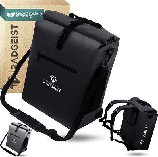 RADGEIST 3-in-1 fietstas voor bagagedrager, fietsrugzak, bagagedragertas, schoudertas, met laptopvak, waterdicht, 25 liter, zwart