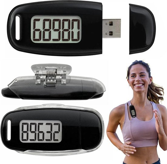 Garpex® Stappenteller met Clip en Draagkoord - USB Opladen - Activity Tracker - Pedometer - Groot Scherm - Broekzak - Zwart