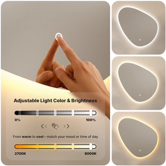 Mirlux Badkamerspiegel met LED Verlichting & Verwarming – Wandspiegel Asymmetrisch – Anti Condens Douchespiegel - 80CM