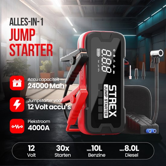 Strex - 12V Jumpstarter & Starthulp Met Compressor - 4000A - 24.000 mAh - 5-in-1 Functie Met Led-zaklamp & SOS - Inclusief Hardcover Tas - Kunststof - Zwart & Rood