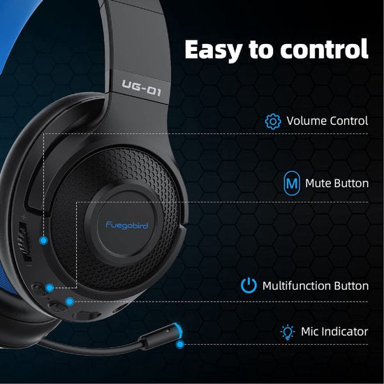 Fuegobird UG-01 2.4GHz Draadloze Gaming Headset - Bluetooth koptelefoon - Multiplatform - Geschikt voor PS4/PS5, Nintendo Switch - Zwart Blauw