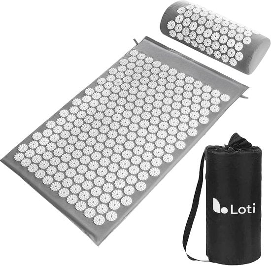 Loti Spijkermat met Spijkerkussen – Grijs/Wit – Acupressuur Mat - Spijkerbed - Acupunctuur Kussen - Shakti Massage – Incl. Draagtas