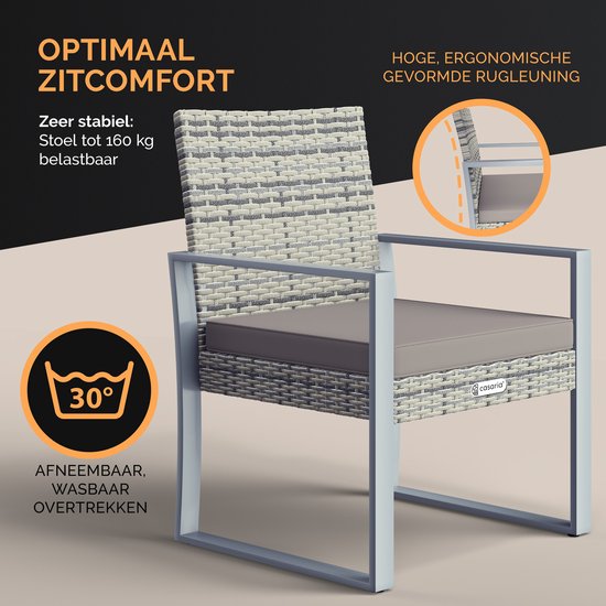 Casaria Polyrattan Tuinset – 1 Tafel 2 Stoelen – Weerbestendig Grijs