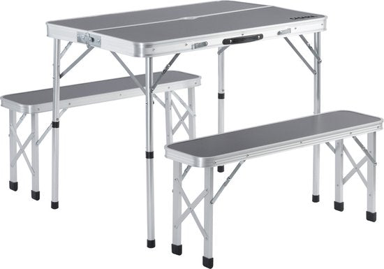 Casaria Campingtafel Aluminium – Incl. 2 Banken/Inklapbaar - Grijs