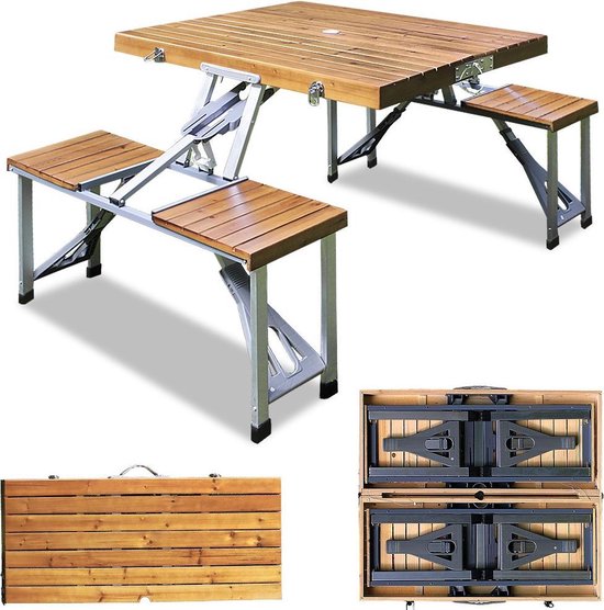 Deuba Picknicktafel Campingtafel - opvouwbaar voor 4 personen - hout en aluminium