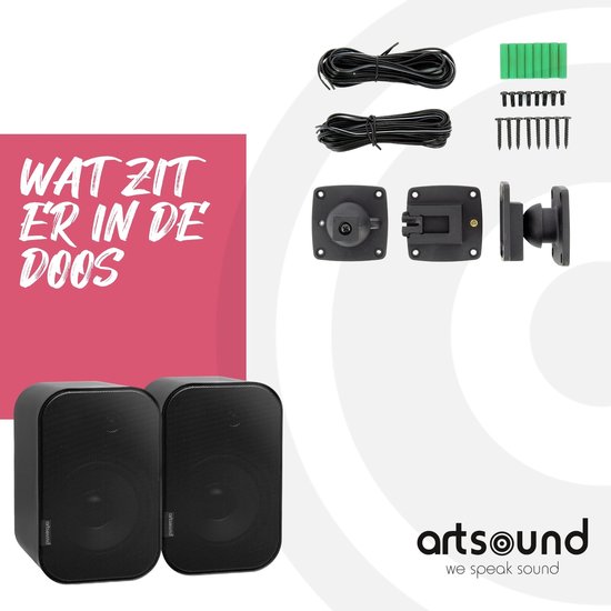 Artsound UNI30, set van 2 passieve luidsprekers, 2-weg hifi luidspreker, 20-60 watt, muurbeugel met kogelgewricht, geschikt voor ruimtes tot 40 m² zoals keuken, café, magazijn, kleur: zwart