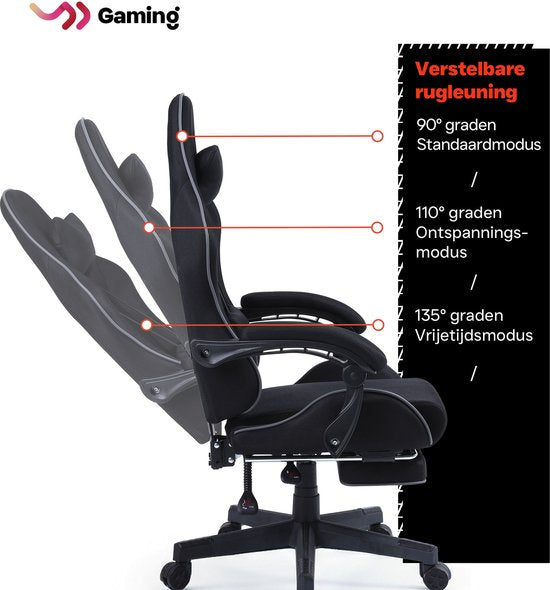 VDD Gaming - Gamestoel met massagefunctie en voetsteun - Gaming chair in de kleur Zwart - Game stoel met nekkussen & verstelbaar rugkussen - Ergonomische bureaustoel met padded armsteunen - Max draagvermogen 150 kg - Verstelbare ruggensteun
