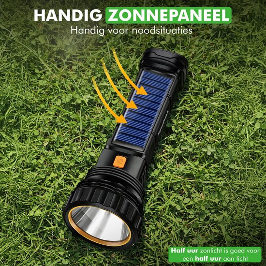 Travelhawk Zaklamp - Zaklamp Led - Zaklamp Militaire - Zaklamp op Batterijen - 1000 Lumen - Zonnepaneel - Waterproof - Zwart
