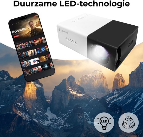 Denver Mini Beamer Full HD - Streamen vanaf je telefoon (USB-C) - Mini Projector - Incl. Afstandsbediening - HDMI/AUX/USB-C - PR800