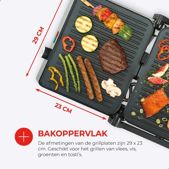 Bourgini Contact Grill Classic - Paninigrill en Tosti ijzer - Anti-aanbaklaag - Zwevend deksel - Grillapparaat - Contactgrill - RVS - BPA vrij