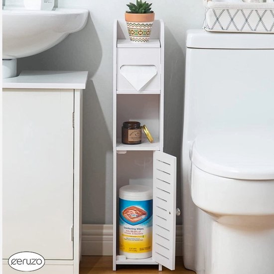 Badkamerkast – Smal Opbergkastje – MDF – 80 cm Hoog – Wit – Voor Toilet of Badkamer