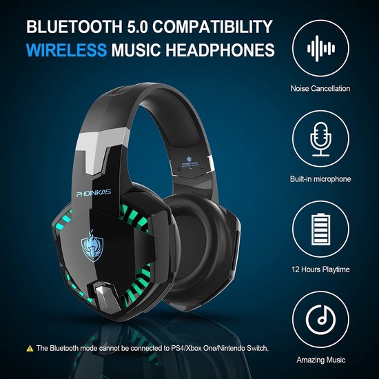 PHOINIKAS G2000 BT Bluetooth Laptop Gaming headset met microfoon Over-ear Koptelefoon -Zwart