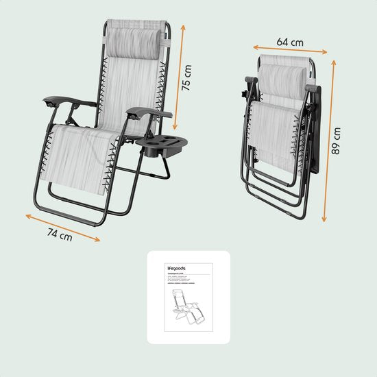 LifeGoods Opvouwbare Tuinstoel - Ligstoel Tuin - 30°-90° Verstelbaar - Metaal - Lichtgrijs