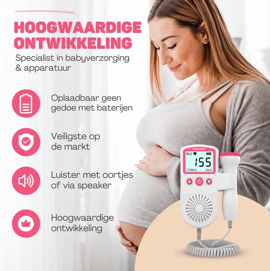 Vulpes Goods® BabyCare - Doppler Baby PRO - Baby Hartje Monitor - Fetal Doppler - Hartslag Baby Doppler - Echo Apparaat -Zwangerschapscadeau - Roze - Incl. ultrasound gel en oordopjes