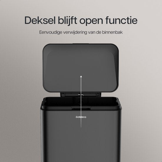 Deleca Prullenbak Prestige - 50 Liter - Breed - RVS Vuilnisbak / Afvalemmer / Pedaalemmer - Met Voetpedaal en Slow Close - Mat Zwart