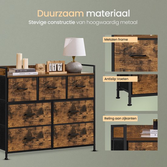 O'DADDY® Opbergkast - Dressoir - Ladekast - Industrieel - 7 Laden - Ladenkast - Kast - 28,5 x 98 x 85 cm - Vintage Bruin/Zwart