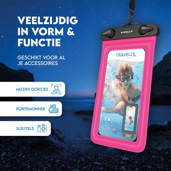 Travelly® Waterdicht Telefoonhoesje Set van 2 – Universeel Onderwater Hoesje voor Smartphone – Geschikt voor alle telefoons – Drybag – Voor Vakantie, Zwemmen & Watersport – Zwart/Roze