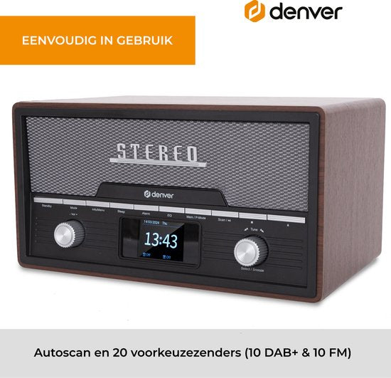 Denver DAB Radio CD Speler - Retro Radio - Bluetooth - DAB+/ FM - CD - MDA525 - Darkwood