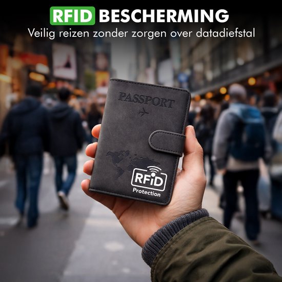 Travelhawk Paspoorthoesje - paspoorthouder - Travel Wallet - Organizer - RFID - Wereldkaart - PU Leer - Zwart