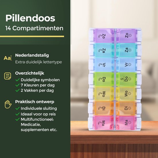 Gandria Pillendoos 7 Dagen - Pillendoosje - Pillendoosjes met 14 Compartimenten - Medicijndoos met Stevige Sluiting - Grote vakken - Verschillende kleuren