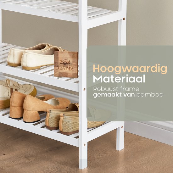 O'DADDY® Schoenenrek - Schoenenbank - Halbank - Schoenenkast - Schoenen Opbergsysteem - Schoenen kast - 3 Laags - Voor 12 Paar - Multifunctioneel Rek - Bamboe - Wit - 70 x 28 x 45 cm