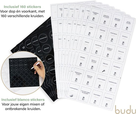 Budu Kruidenpotjes Vierkant - 28 stuks - Met Deksel - Kruidenstrooier - Incl. Stickers, Blanco Labels, Krijtstift & Accessoires - Kruiden potjes