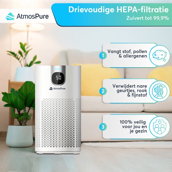 AtmosPure® CleanAir Luchtreiniger - Air Purifier met vervangbaar HEPA 13 + Koolstoffilter - CADR 250 m³/u - Wit - Voor 97 m² - Werkt tegen huisstofmijt, hooikoorts, allergieën, -3 standen + stille slaapstand - Luchtkwaliteit Sensor